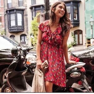 Anthropologie Maeve Rosalia Dress Womens 8 Red Floral Ruffle Midi